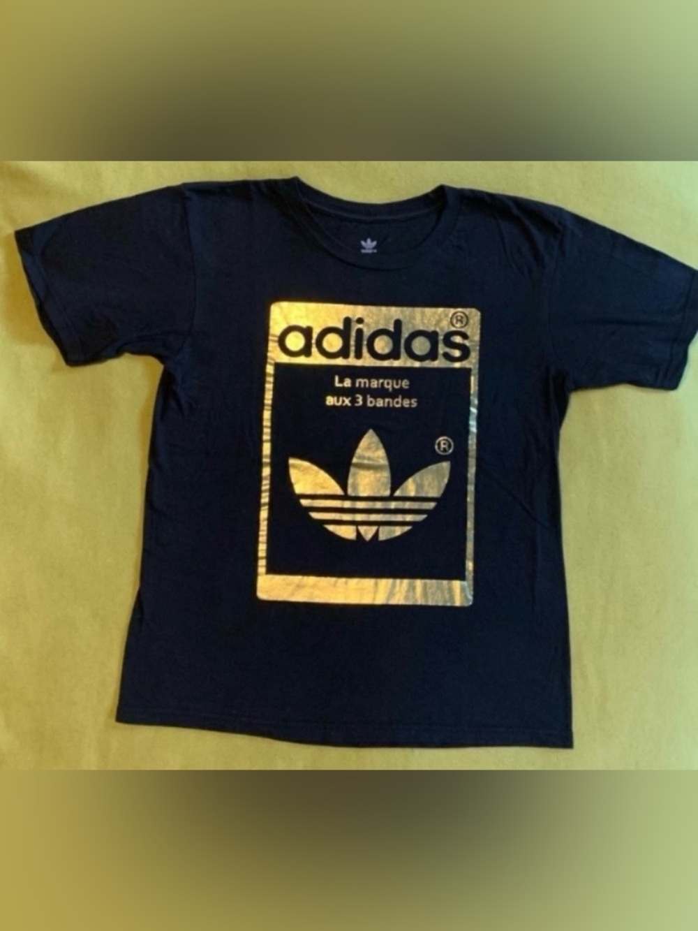 adidas Black Short Sleeve Tee with Gold Trefoil Print